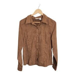 St Johns Bay Womens Brown Suede Like Button Down Shirt Long Sleeve Collared Lg